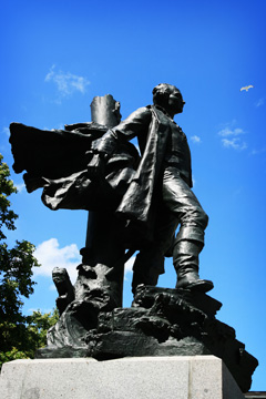 Statue of naval officer Jean Vauquelin in Vauguelin Square in Montreal
